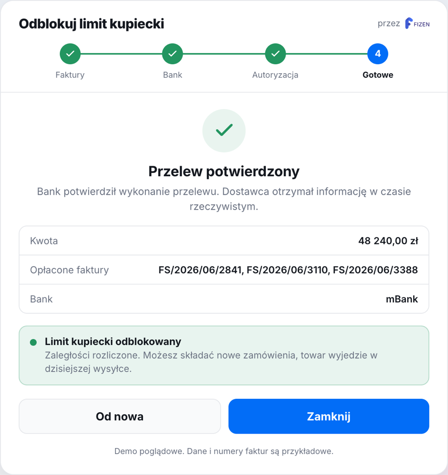 Payment confirmed and credit limit unblocked